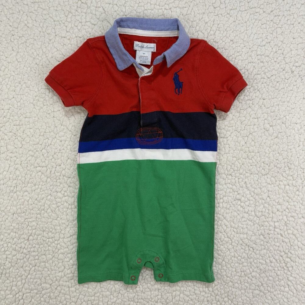 Ralph Lauren Baby Romper Size 9M Short Sleeve Striped Colorful Collared Big Pony
